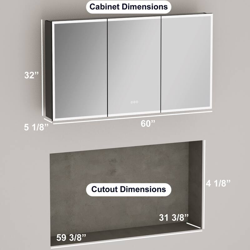 Kylo Aluminum LED Medicine Cabinet with Mirror, Dimmable, Anti-Fog, Recessed/Wall Mount
