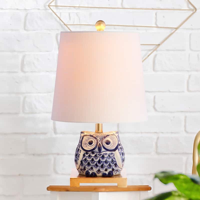 Tiki 16" Ceramic Mini LED Table Lamp, Blue/White by JONATHAN Y - 16
