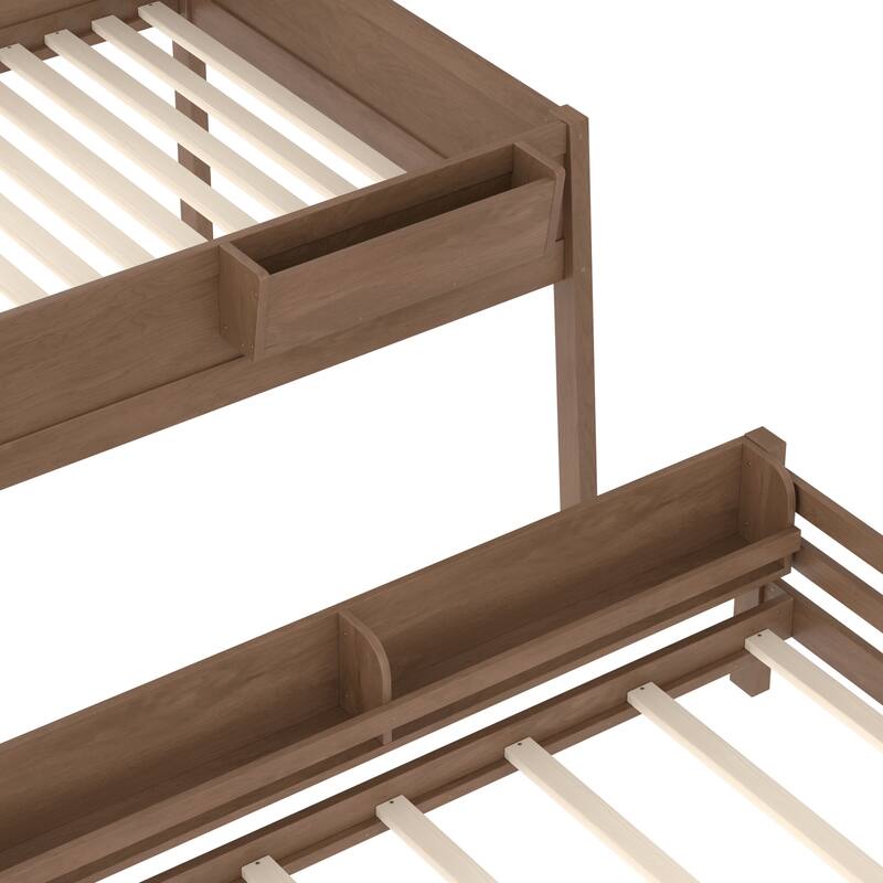 Wood Bunk Bed with Storage Shelves and Bookshelf, Ladder & Guardrails, Detachable Design