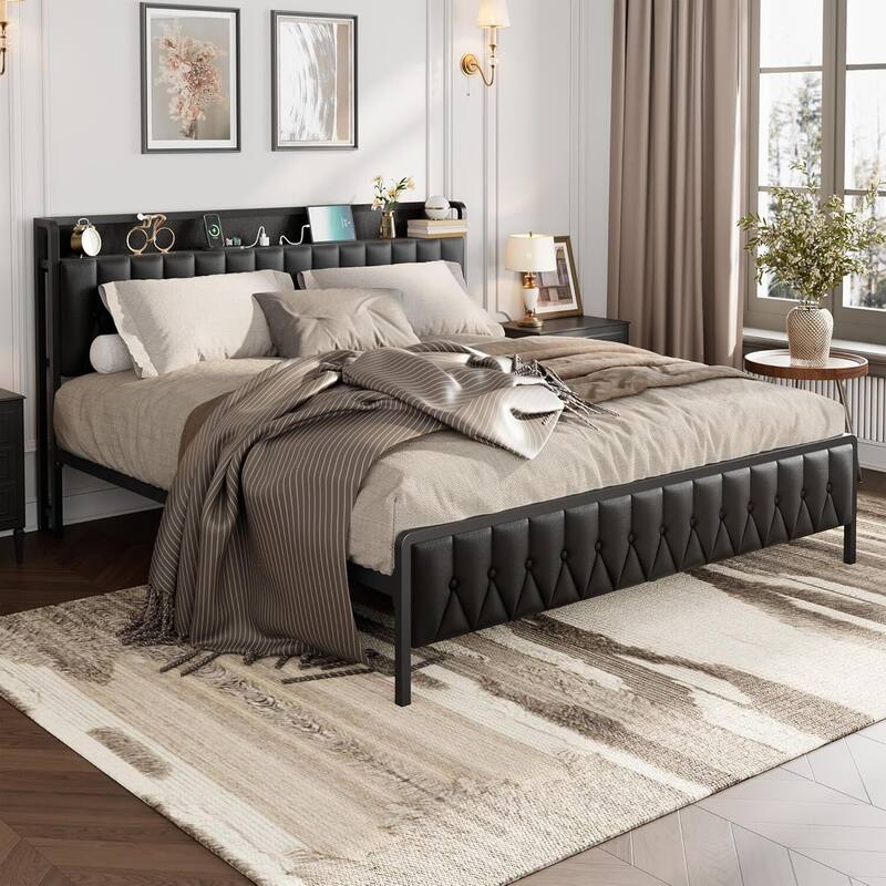 Upholstered Storage & Metal Frame Platform Bed with Charging Station, 3 Sizes - King
