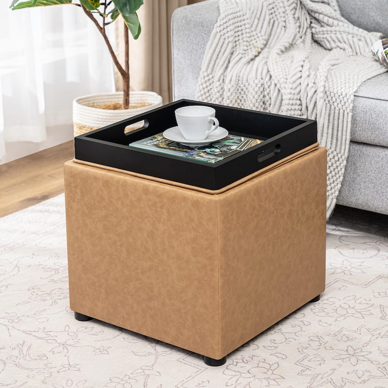 Adeco Storage Ottoman With Tray - Light-Brown-Faux-Leather
