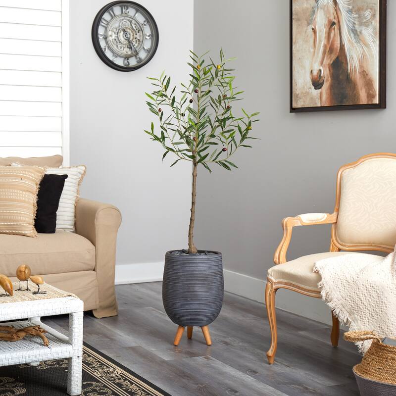 Artificial Olive Tree 4.5ft Indoor Plant with Gray Planter and Stand - Green - 41-50 Inches