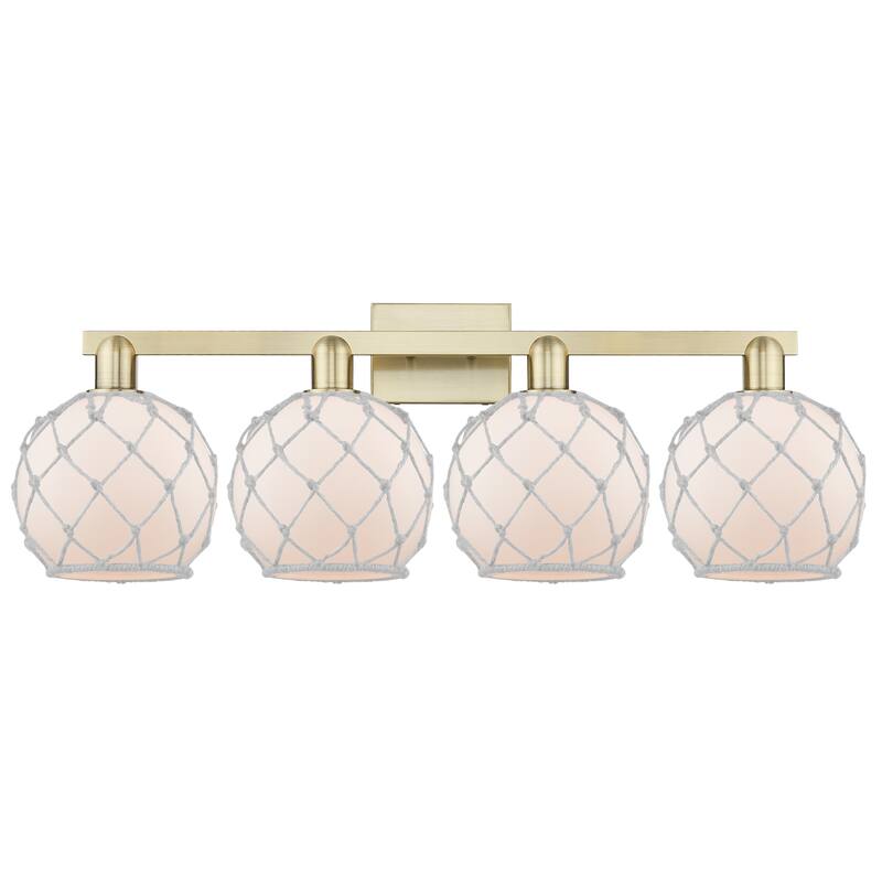Innovations Lighting Endless Possibilities Arcadia - Farmhouse Rope - 4 Light 35" Bath Vanity Light - Antique Brass/White Glass with White Rope