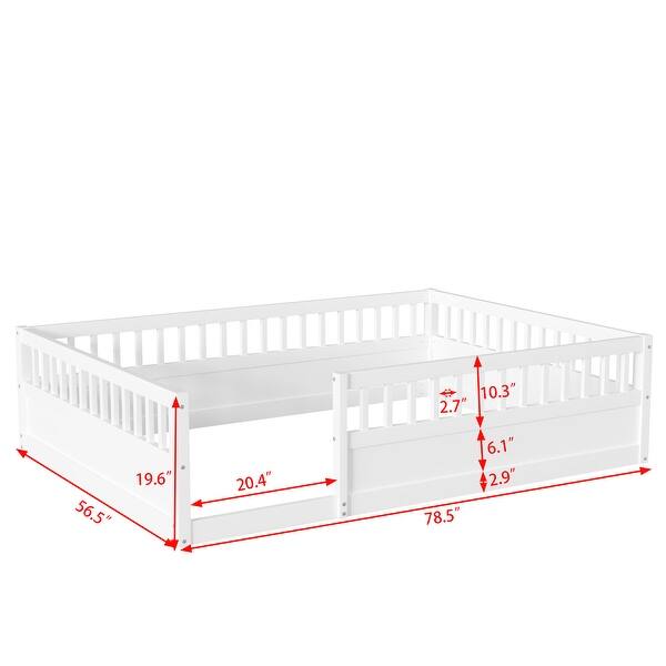 dimension image slide 0 of 3, Wood Full Size Floor Bed Frame with Fence, Kids Beds Frame for Bedroom Playroom