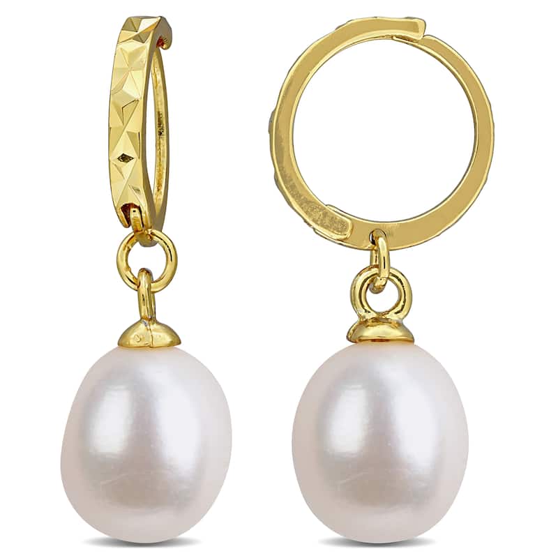 Miadora 8-9mm Cultured Freshwater Pearl Huggie Drop Earrings Yellow Plated Sterling Silver
