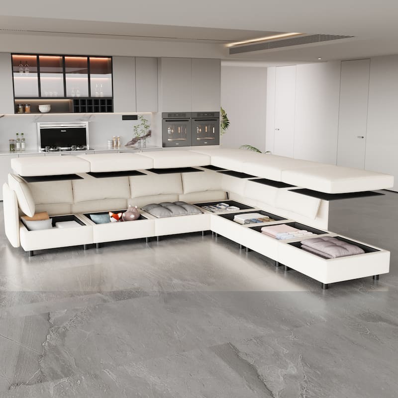 Beige 129'' Convertible 8-Seater Modular Sectional Sofa with Storage Ottoman and Comfortable Sleeper Options