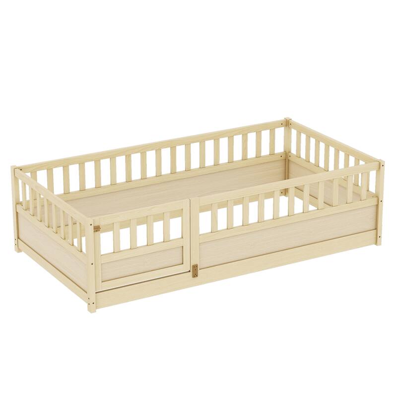 Floor Bed Pine Wood Bed Frame with Fence and Door Easy Assembly