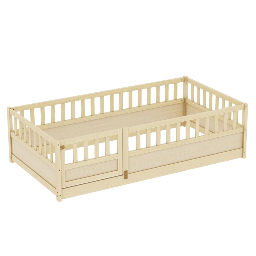 Twin Size Montessori Wooden Floor Bed with Safety Barrier, Door, and Natural Pine Wood Frame for Kids' Bedroom