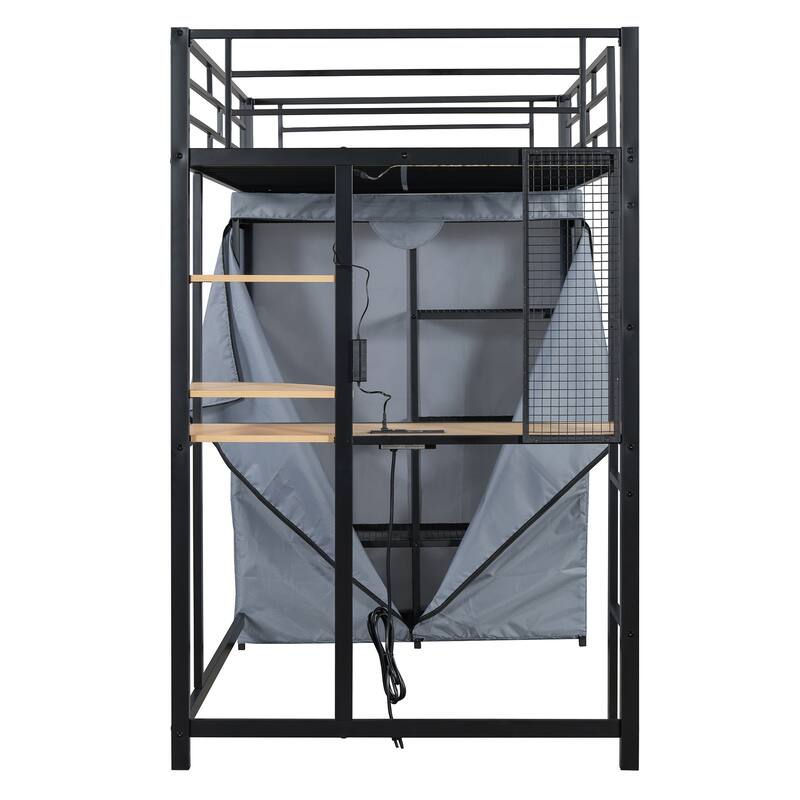 Full Size Metal Loft Bed with Workstation Desk, Built-In Shelves, LED Light Strip, Power Outlet & Hanging Wardrobe Storage