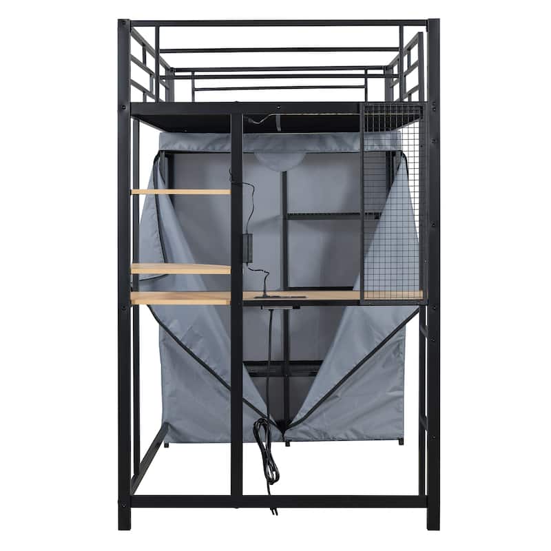 Heavy Duty Metal Twin Loft Bed with L Shaped Desk and Shelves