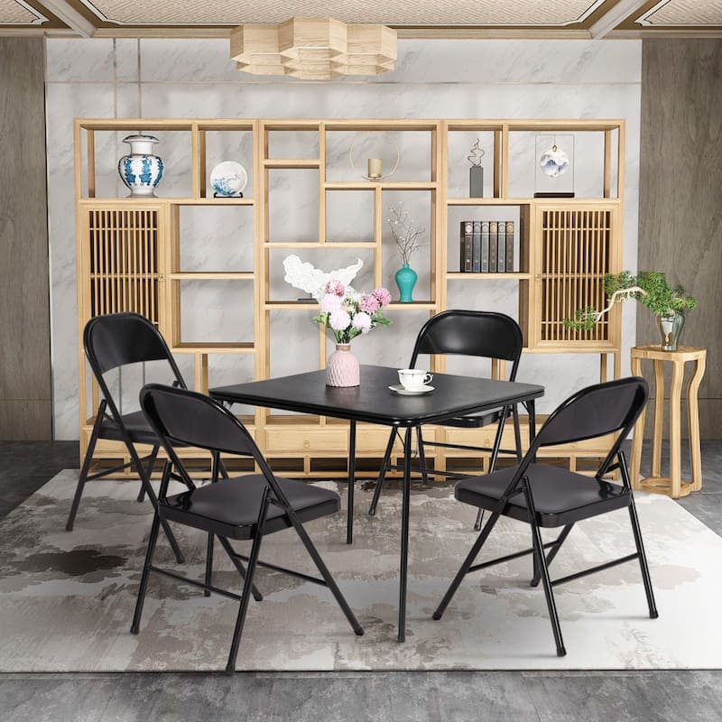 VECELO 5-Piece 1 Table + 4 Folding Chairs Card Game Set 33.8” Square PU Leather Multi-Purpose Table for Indoor Outdoor Use