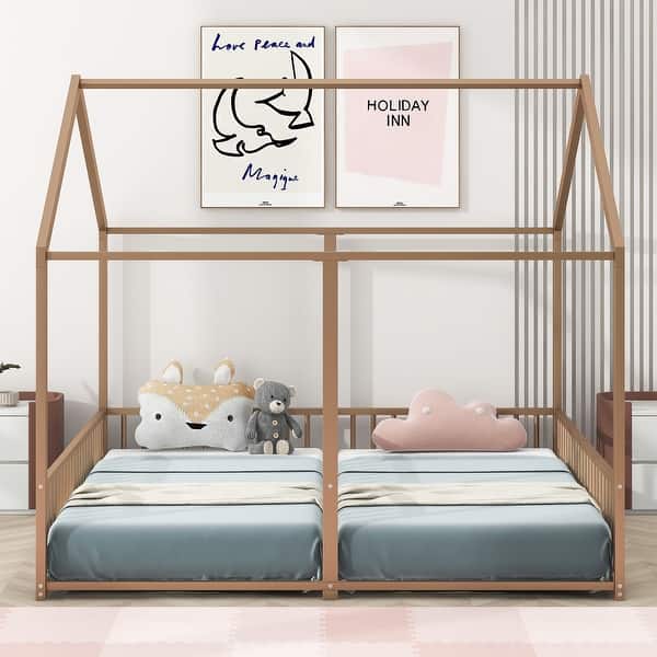 slide 2 of 36, Kids House-shaped Metal Frame Bed Montessori Floor Bed with Rails Two Shared Twin Side by Side Platform Bed for Twins Gold - Twin