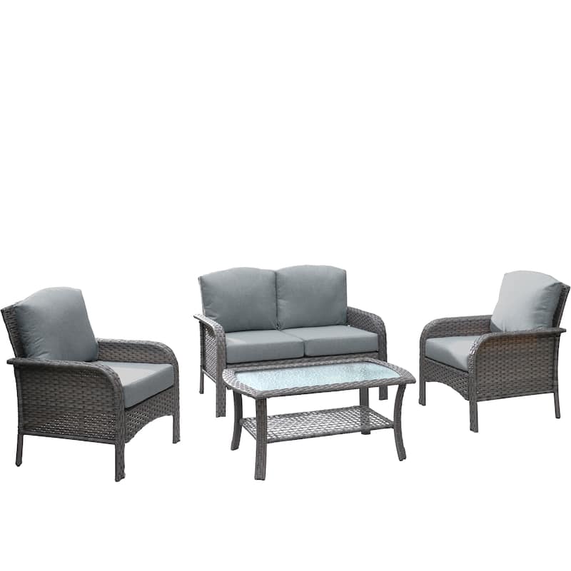 HOOOWOOO 4-piece Wicker Outdoor Conversation Set with Glass Coffee Table