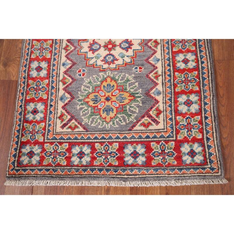 Geometric Kazak Accent Rug Handmade Grey Wool Carpet - 2'1" x 2'11"
