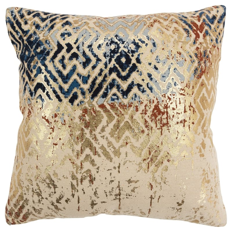 Rizzy Home Beige, Metallic Gold, Blue, and Grey Geometric Throw Pillow