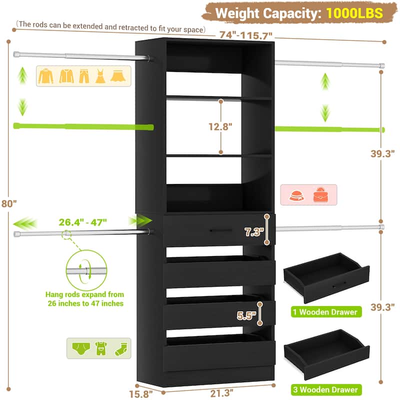 Qvella 95''-136'' W Closet System with 8 Wooden Drawers and 4 Hanging Rods, Walk-in Closet Organizer with 6 Storage Shelves