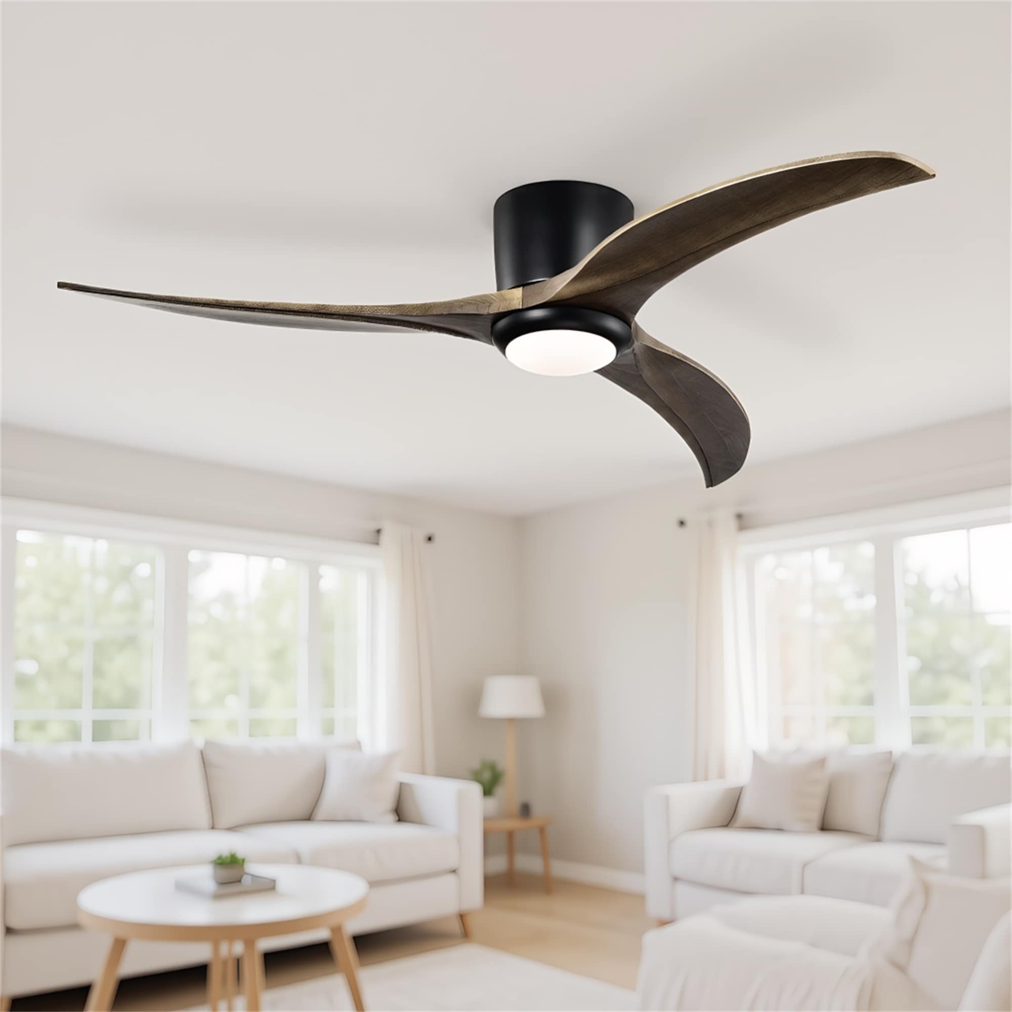 52" Flush Mount Solid Wood Blades Ceiling Fan w/Lights Remote Control