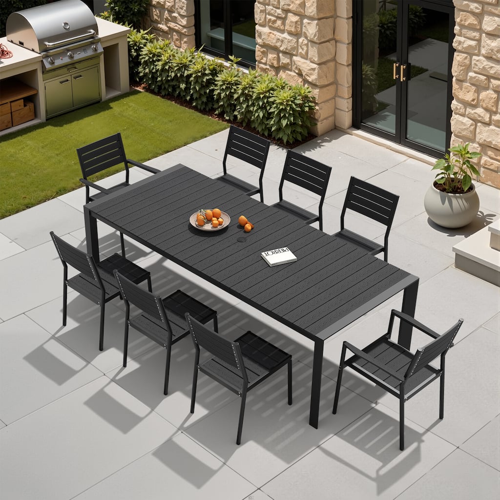 9-Piece Outdoor Patio Dining Set Wood Like Table Top Aluminum Rectangular Umbrella Hole Table with Stackable Dining Chairs