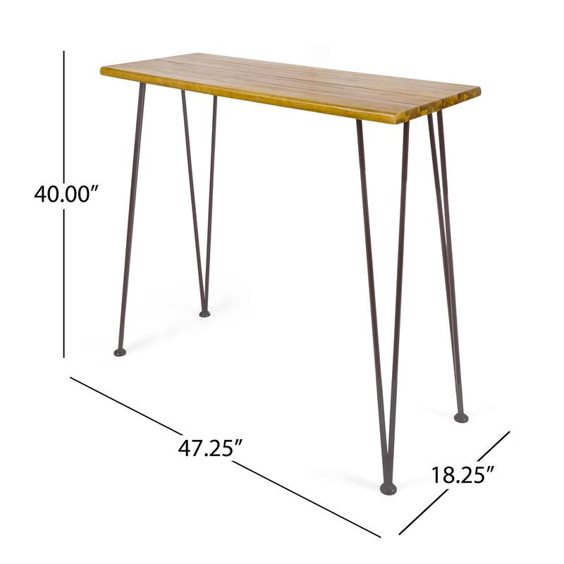 Rih Outdoor Bar Height Table, 47 Inch, Hairpin Legs, Brown Acacia Wood