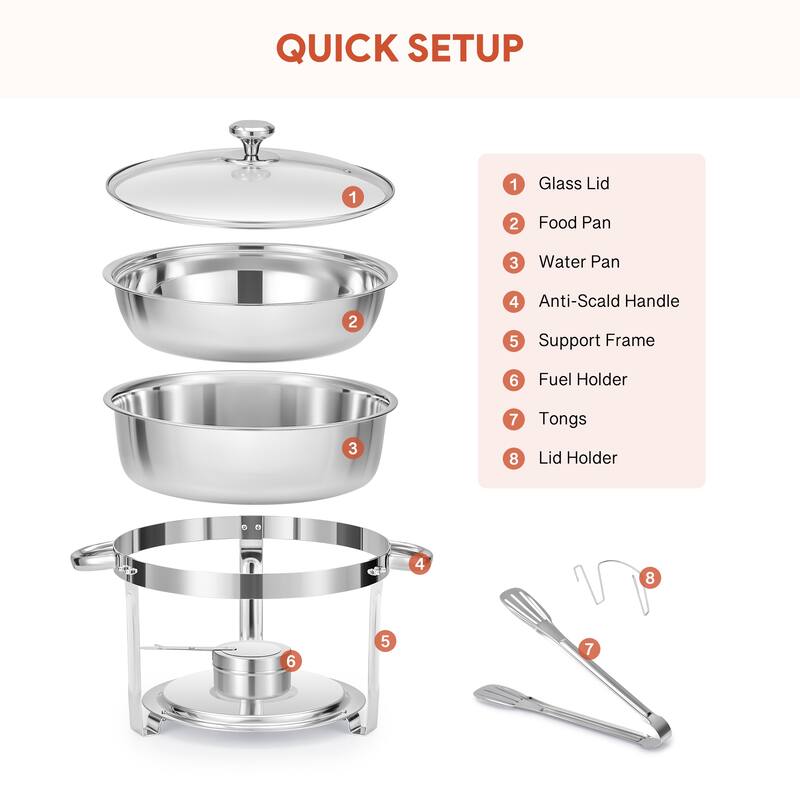 2 Pack 6 qt Stainless Steel Round Chafing Dishes Buffet Set