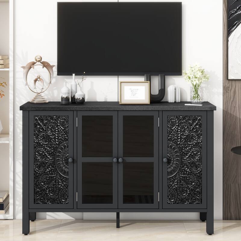 47.2'' Retro TV Stand with Adjustable Shelves, Entertainment Center Media Console with Glass Cabinet Doors & Anti-tip Device