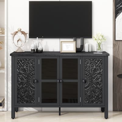 TV Stand with Glass Carved Doors, Entertainment Center with Adjustable Shelves, Wood Media Console Cabinet