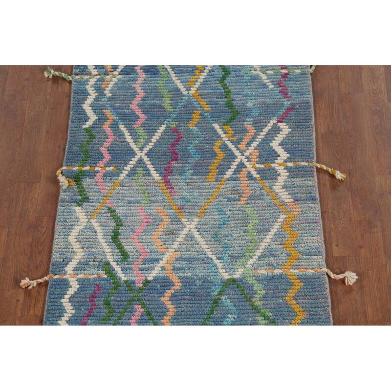 Blue Moroccan Oriental Runner Rug Hand-Knotted Wool Carpet - 2'11"x 16'5"
