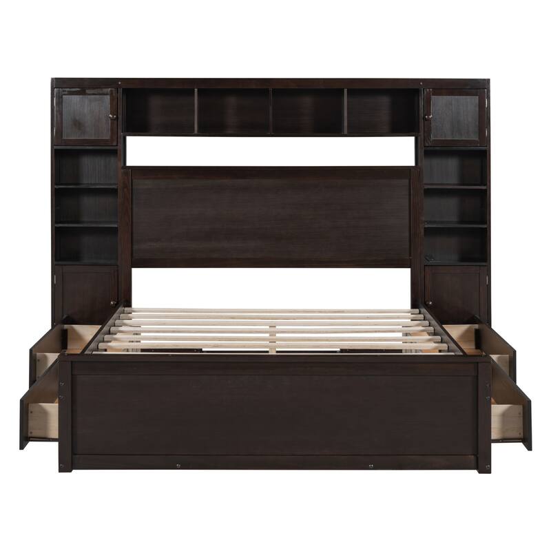Modern Platform Bed with Integrated Cabinet and Drawers