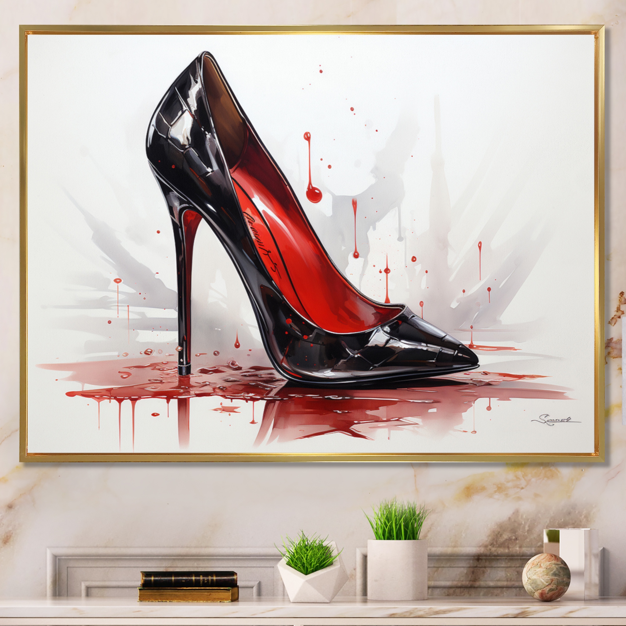 Designart Red High Heels Sophistication I Fashion Framed Canvas Wall Art 40 in. wide x 30 in. high Black