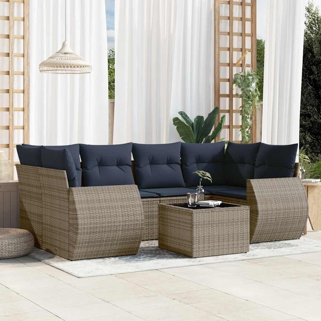 vidaXL 7 Piece Patio Sofa Set with Cushions Gray Poly Rattan - 98x27.2x98
