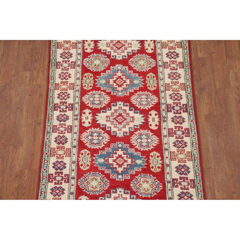 Geometric Kazak Runner Rug Handmade Oriental Wool Carpet - 2'9" x 9'8"