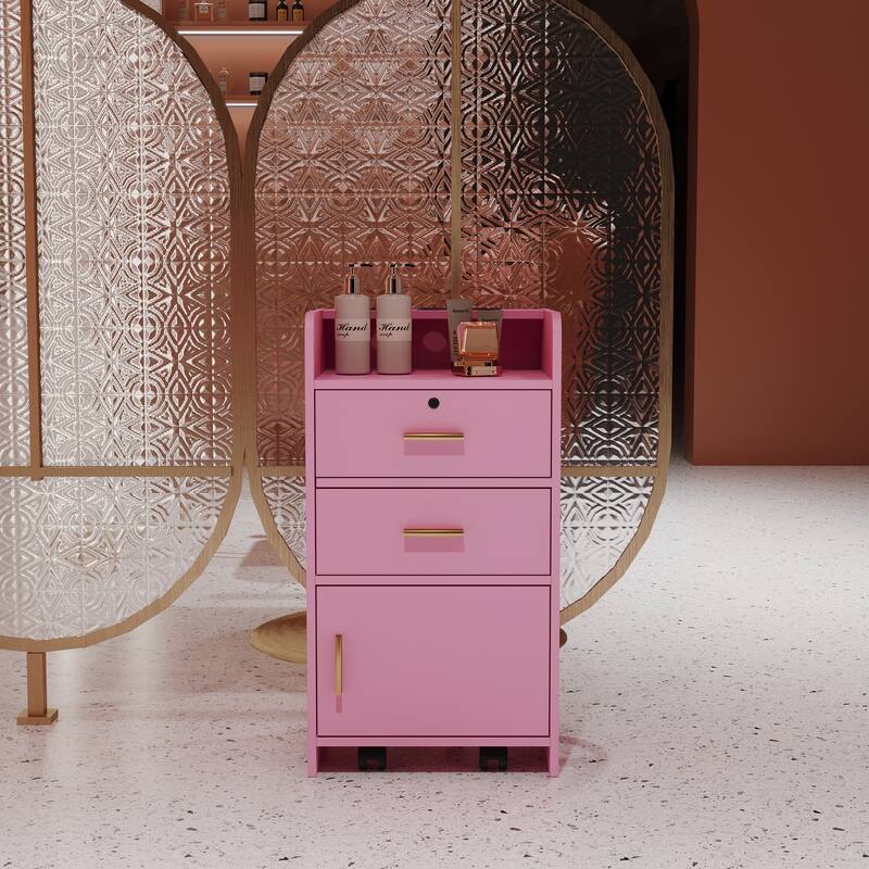 Locking Beauty Salon Storage Cabinet Hair Dryer Holder Stylist Equipment 2-Drawer - Pink