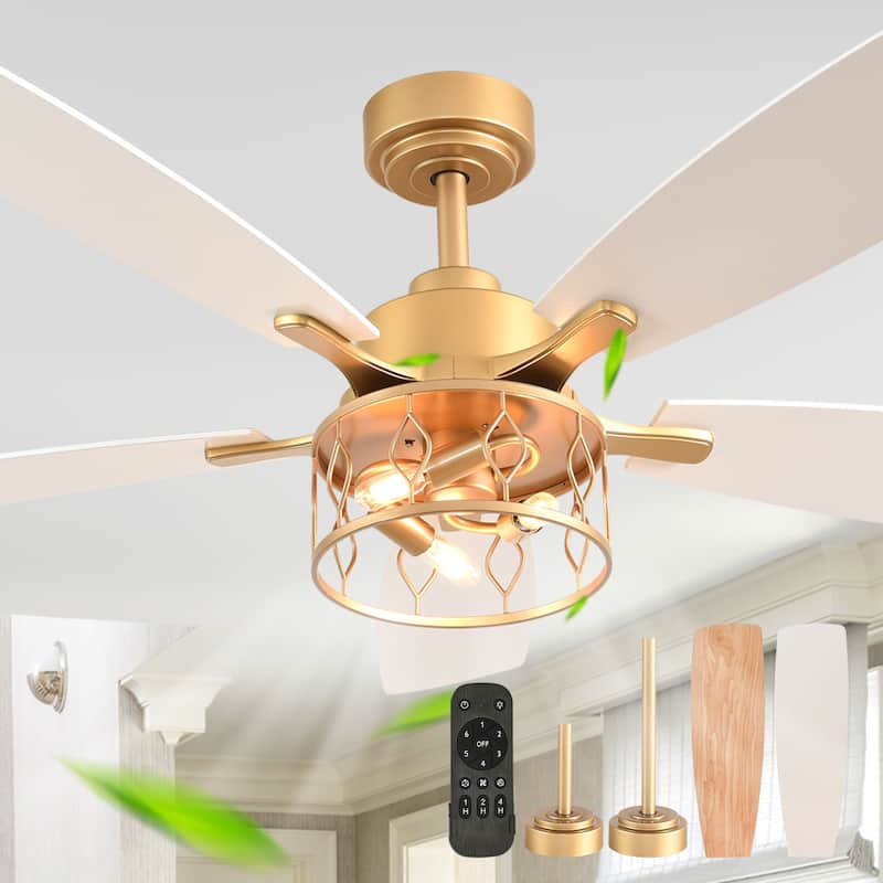 Cusp Barn 52 Inch Industrial Caged Ceiling Fan with Light and Remote, Farmhouse Quiet DC Motor Reversible Chandelier Ceiling Fan - Gold