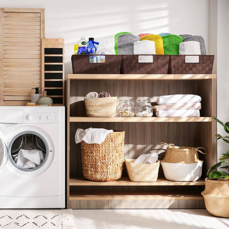 Sorbus Woven Basket Bin Shelf Storage Stackable with Woven Straps & Built-in Carry Handles - Set of 3 - 15.12" L x 13" W x 6" H