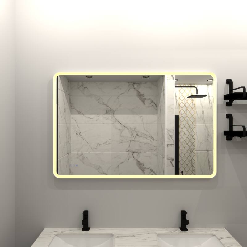 Anti-Fog LED Bathroom Vanity Mirror, Lighted Rectangular Mirror with Memory Function and White Iron Frame - White-28 X 36