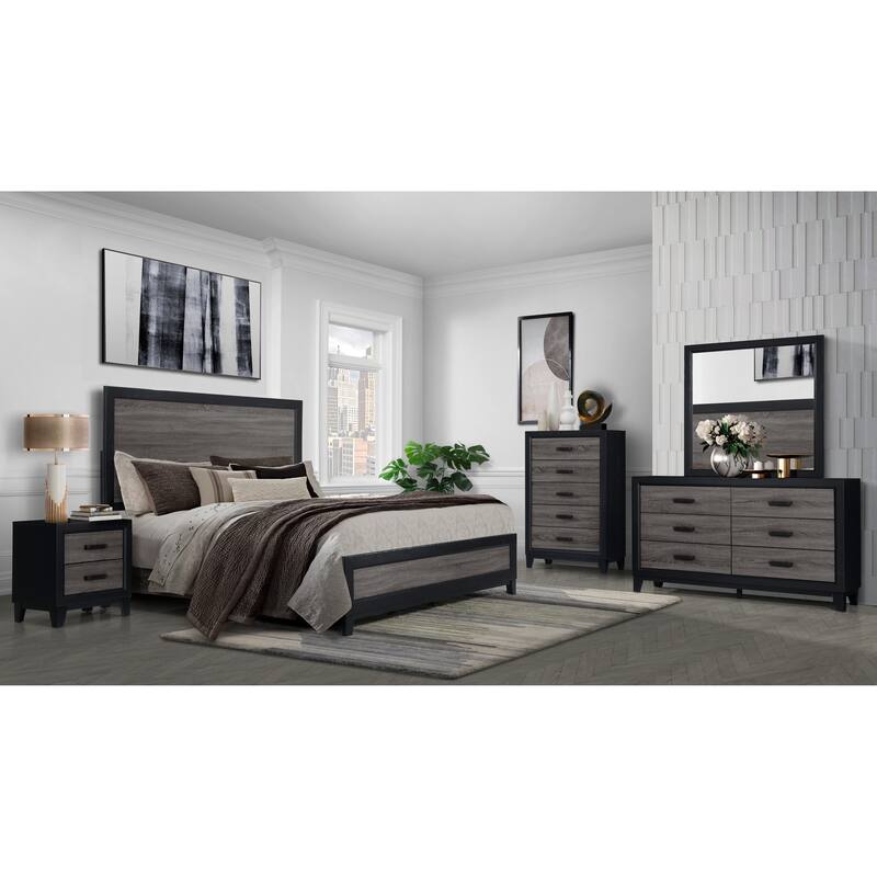 Grey and Black Nightstand with Rustic Wood Inlay and Sleek Metal Hardware