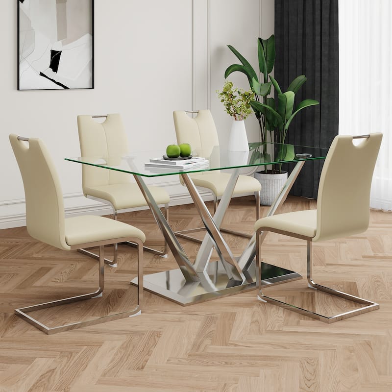 63" Glass Dining Table Set for 4, 5 Piece Dining Table and Chairs Set, Rectangular Table with 4 Faux Leather Chairs & Metal Legs