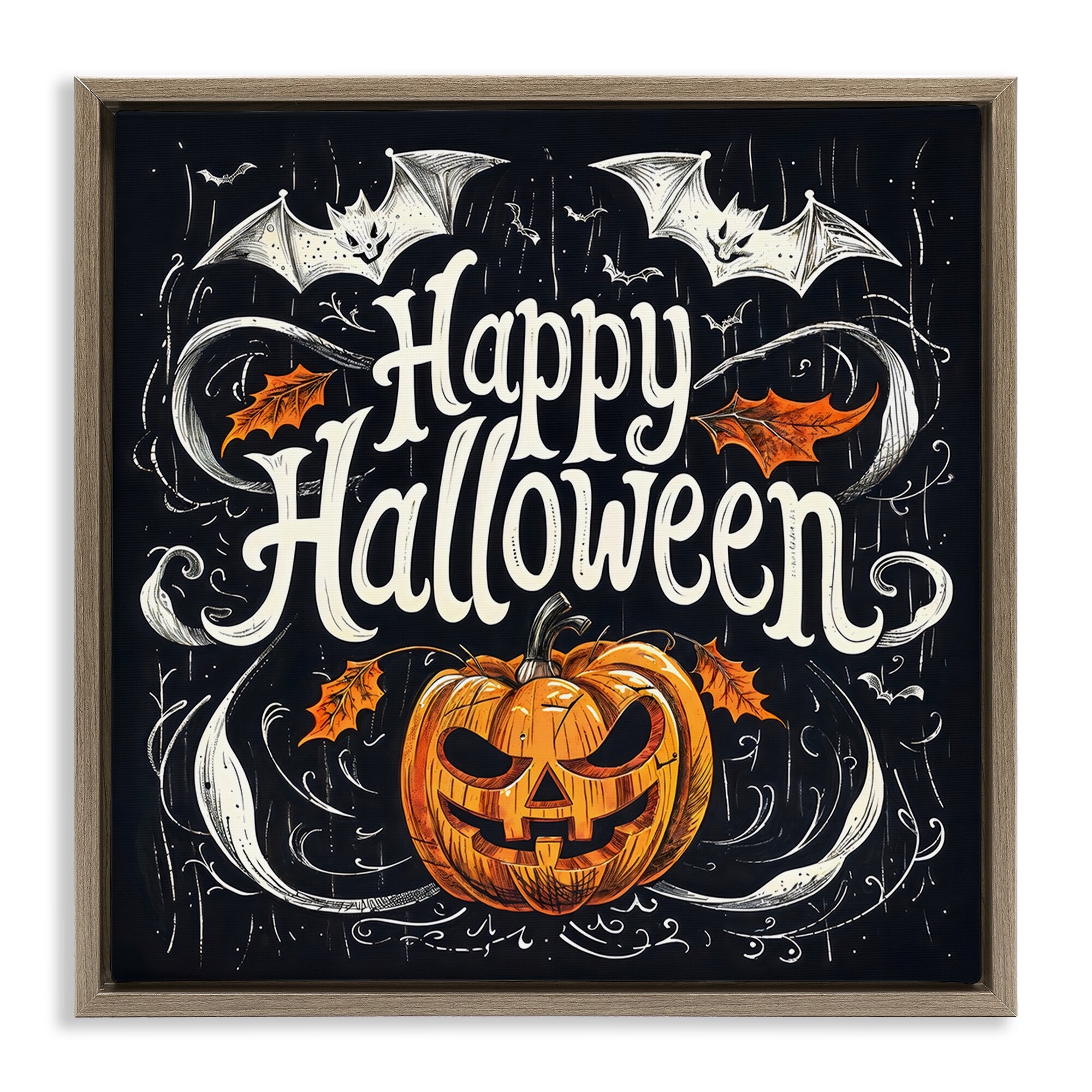Stupell Happy Halloween with Ornate Details Framed Floater Canvas Wall Art Design By Creative Studio