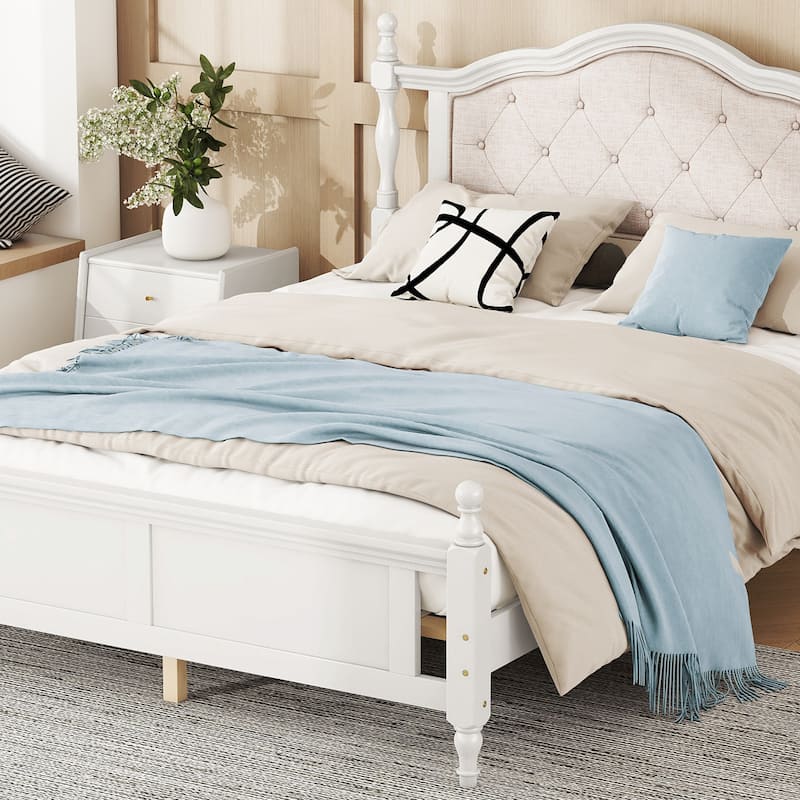 Classic Platform Bed Wooden Frame Queen Size Bed with Upholstered Tufted Headboard, Panel Footboard and Central Support Feet
