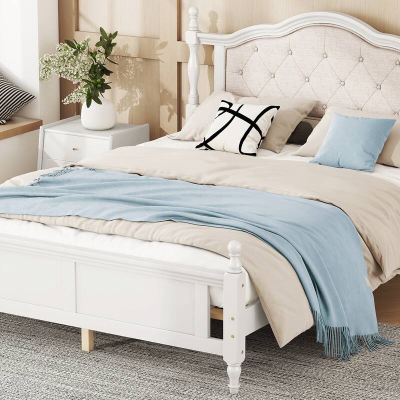 Queen Pine Wood Bed with Upholstered Headboard, Panel Footboard, Hidden Storage, and Central Support Feet