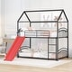 preview thumbnail 1 of 14, Black+Red Twin over Twin Size Metal Bunk Bed With Slide, Roof, Fence and Ladder for Bedroom Black+Red