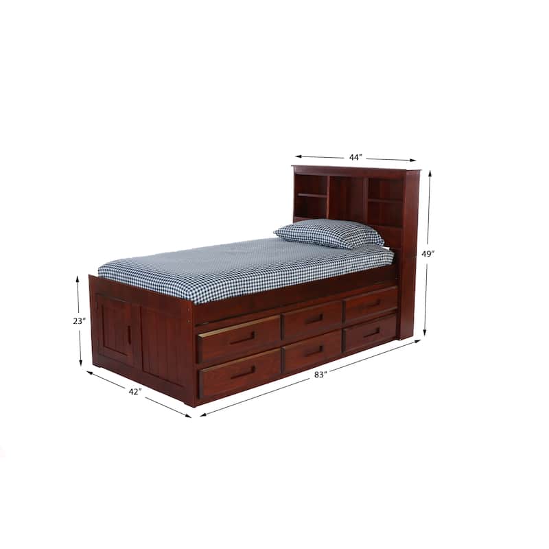 OS Home and Office Furniture Model Solid Pine Twin Captains Bookcase Bed with 6 drawers in Rich Merlot