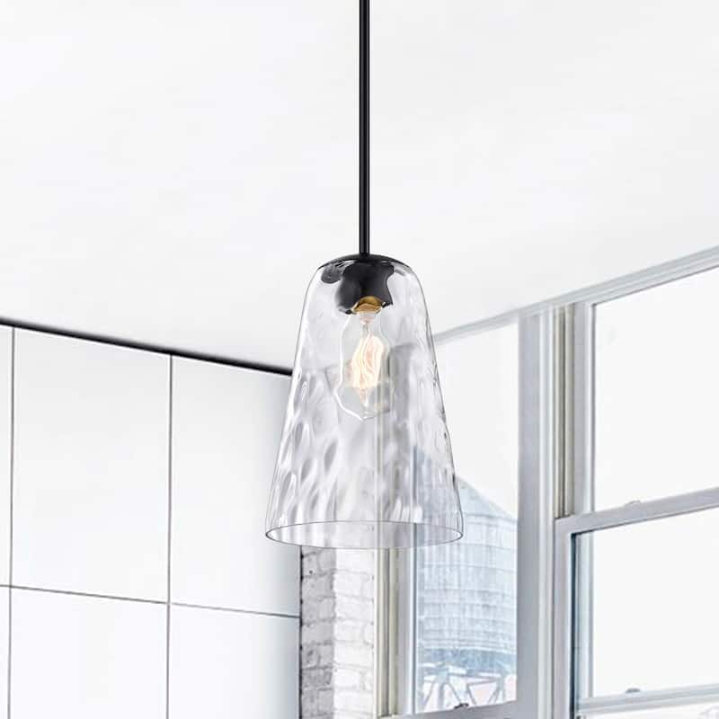 Matte Black 1-Light 8 in. Modern Mini Pendant with Hammered Glass Shade