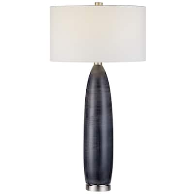 Striped Ceramic Table Lamp with Drum Shade - 35" - Blue and Gray