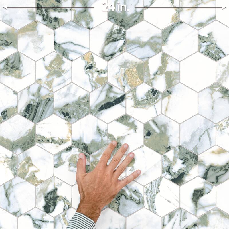 Merola Tile Touche 4" Hex Jade 11-3/4" x 13-5/8" Porcelain Mosaic Floor and Wall Tile - (1 Tile)