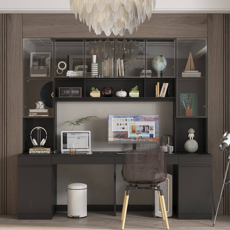 90.6"Illuminated Glass Workstation Productive Workspace Bookshelf Desk