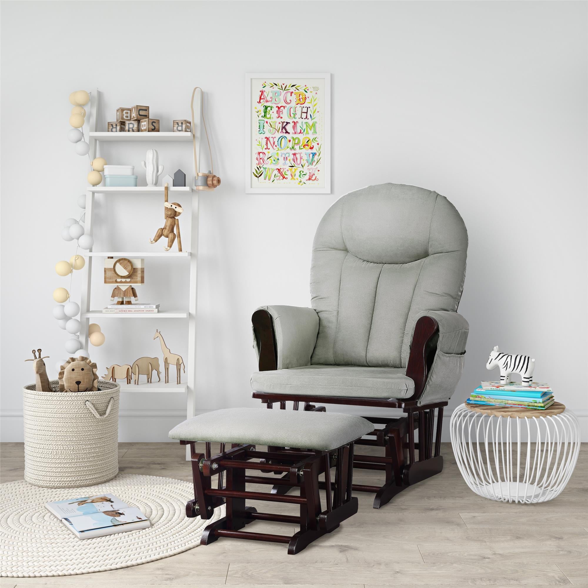 Huntington Glider Rocker with Storage and Ottoman Espresso Finish with Gray Cushions