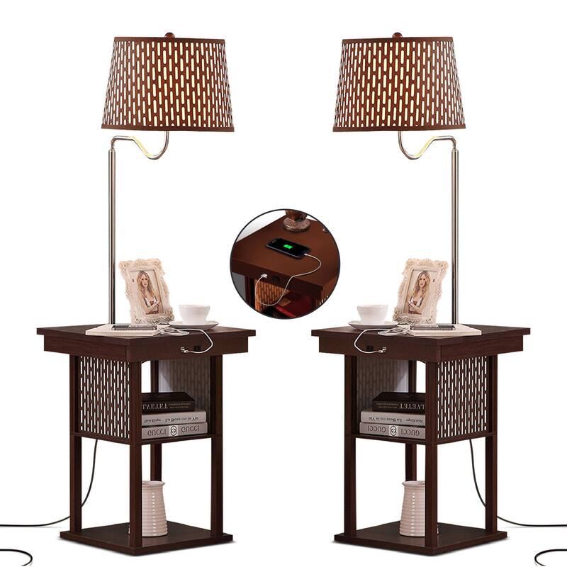 Brightech Madison 56 in. Havana Brown Mid-Century LED Bedside Table Lamp with Fabric Drum Shade and Built-In USB Port (2-Pack)