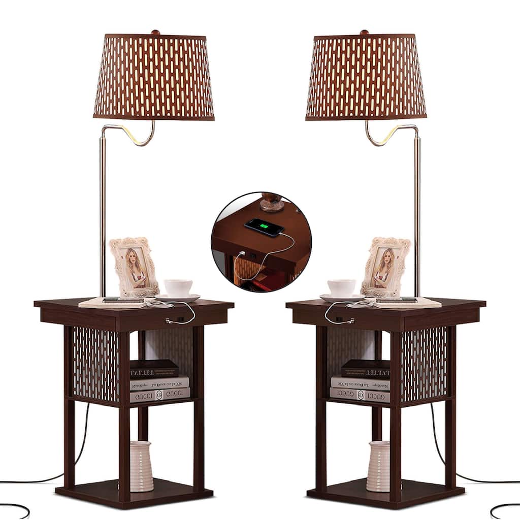 Brightech Madison 56 in. Havana Brown Mid-Century LED Bedside Table Lamp with Fabric Drum Shade and Built-In USB Port (2-Pack)