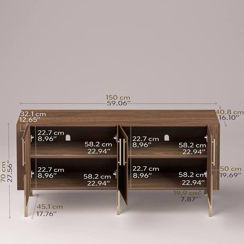 Roomfitters Walnut Finish Mid-century TV Stand Media Console, TV unit Sideboard with Gold Metal Legs - W59"xL17.71"xH27.55"